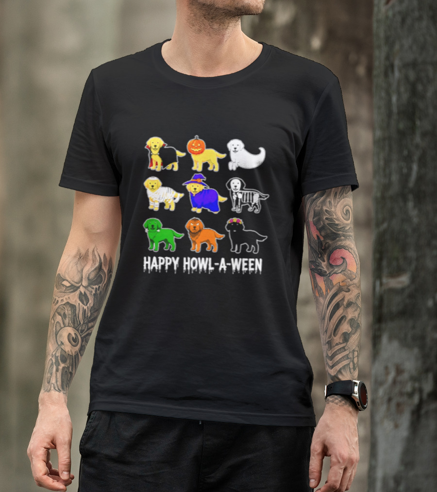 Happy Howl A Ween Dogs Halloween 2026 Pumpkin Witch Skeleton Costumes T-Shirt