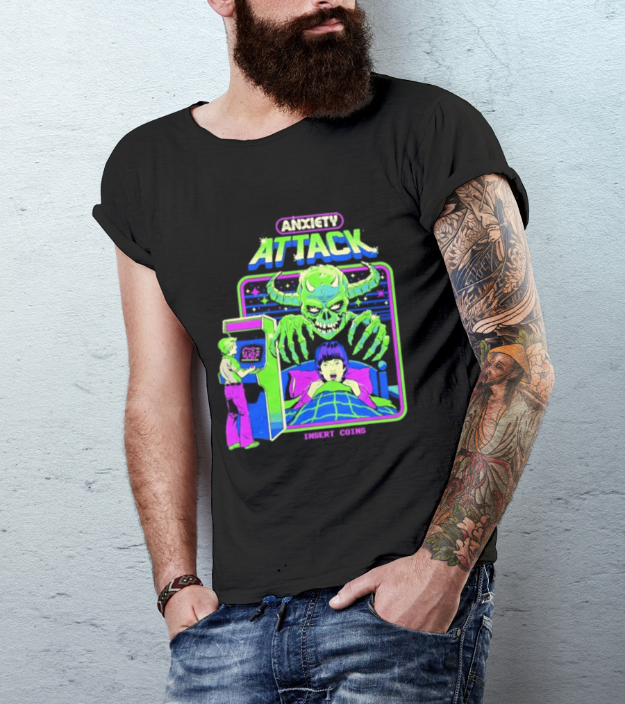 Retro Anxiety Attack Arcade Game Monster Steven Rhodes T-Shirt