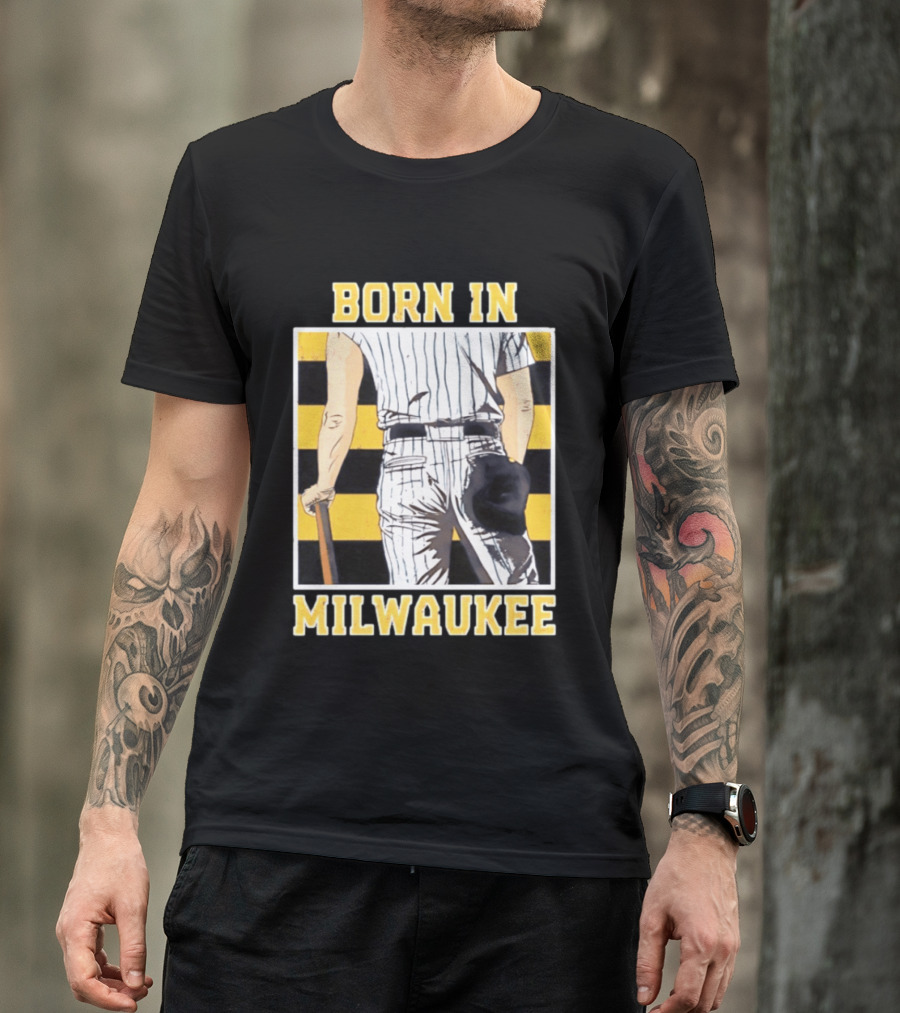 Born In Milwaukee Baseball Vintage Stripes Player Holding Cap T-Shirt