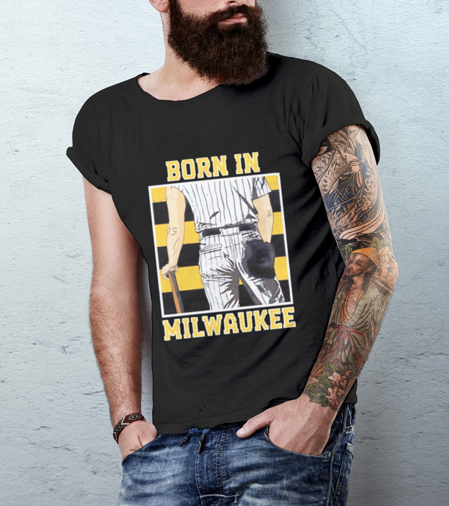 Born In Milwaukee Baseball Vintage Stripes Player Holding Cap T-Shirt