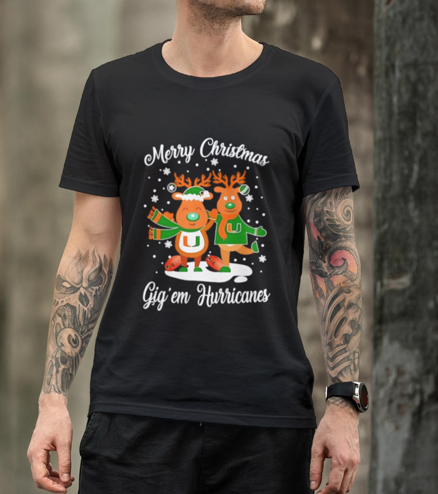 Merry Christmas Gig'em Hurricanes Miami NCAA Football 2026 Reindeer Sports Fan Holiday T-Shirt