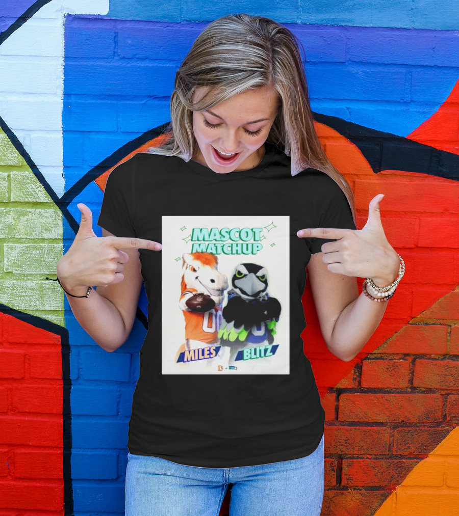 Mascot Matchup Miles Vs Blitz Denver Broncos Seattle Seahawks 2026 T-Shirt