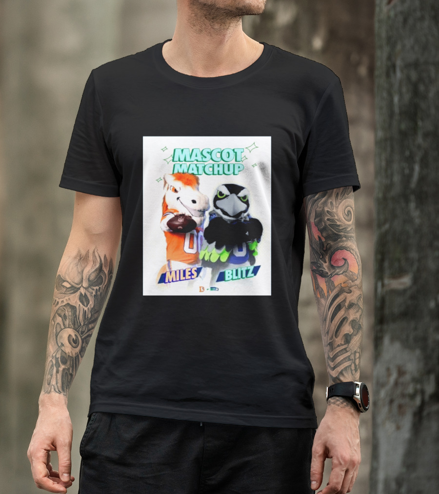 Mascot Matchup Miles Vs Blitz Denver Broncos Seattle Seahawks 2026 T-Shirt