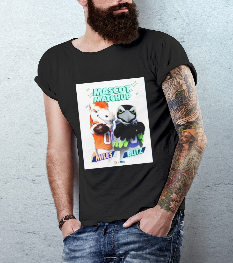 Mascot Matchup Miles Vs Blitz Denver Broncos Seattle Seahawks 2026 T-Shirt