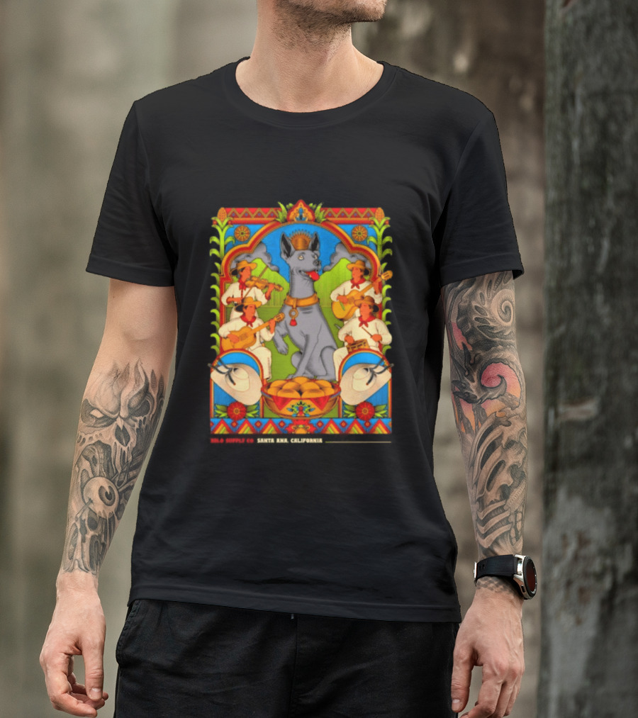 Xolo Supply Co Santa Ana California Xoloitzcuintli Vintage Mexican Art With Musicians And Dog T-Shirt