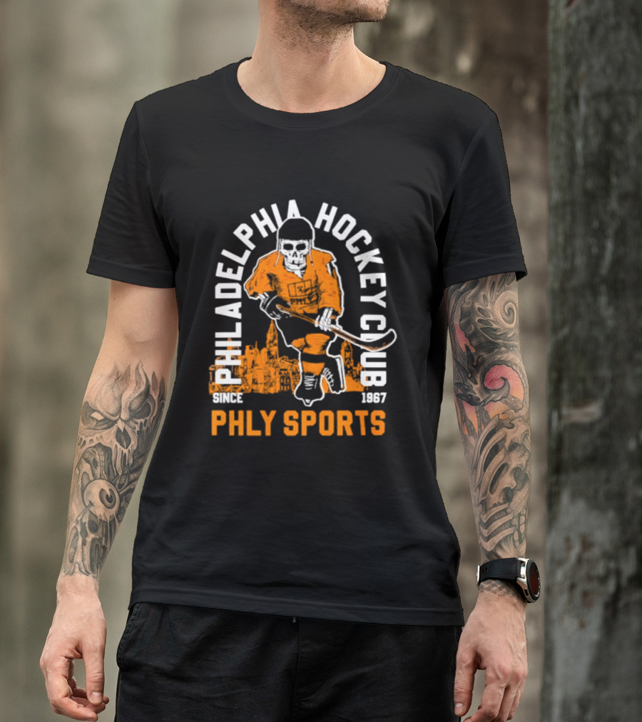 Philadelphia Hockey Club Skeleton Since 1967 Phly Sports Skyline T-Shirt