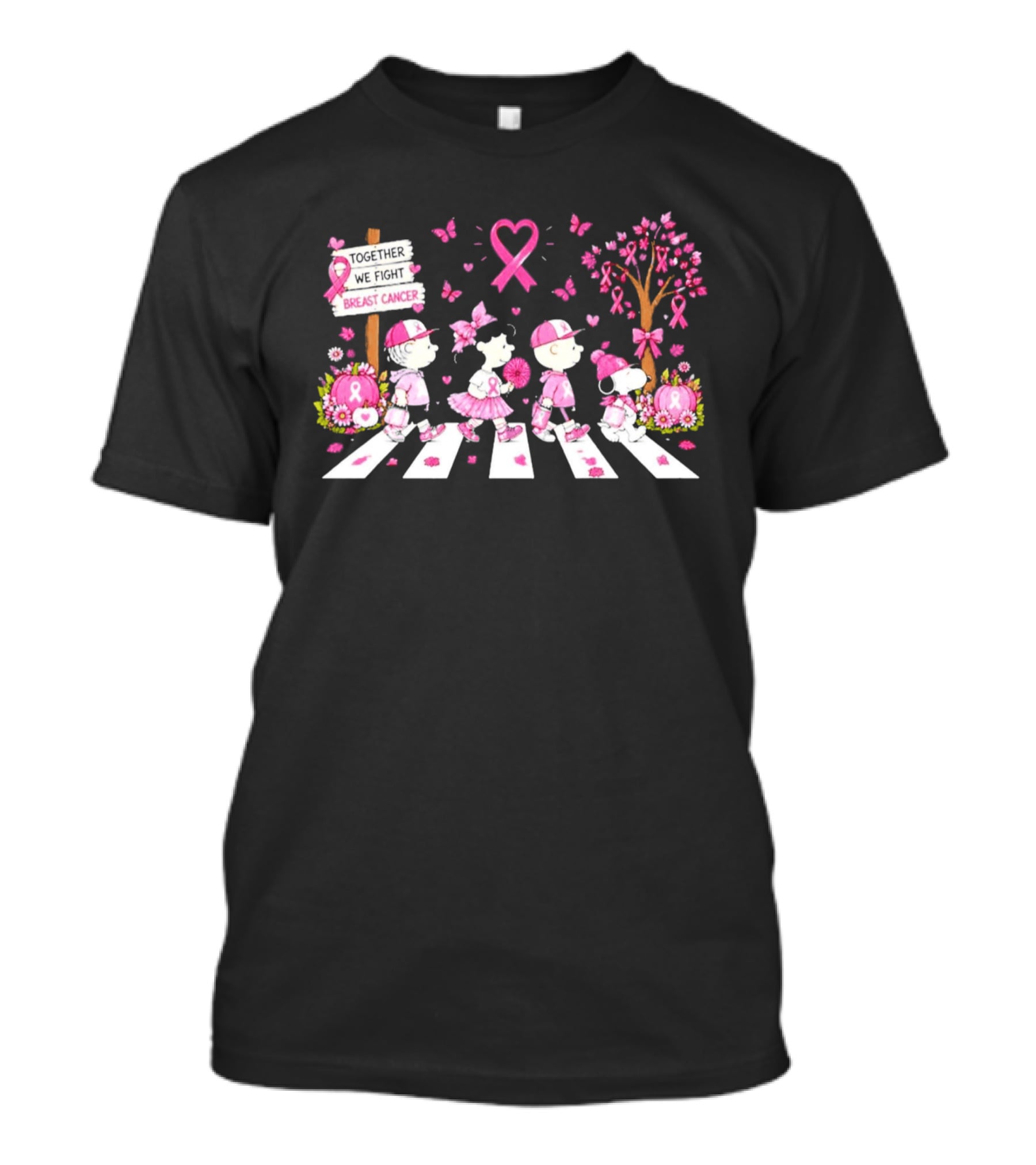 Together We Fight Breast Cancer Peanuts Characters Abbey Road Pink Ribbon Butterflies T-Shirt
