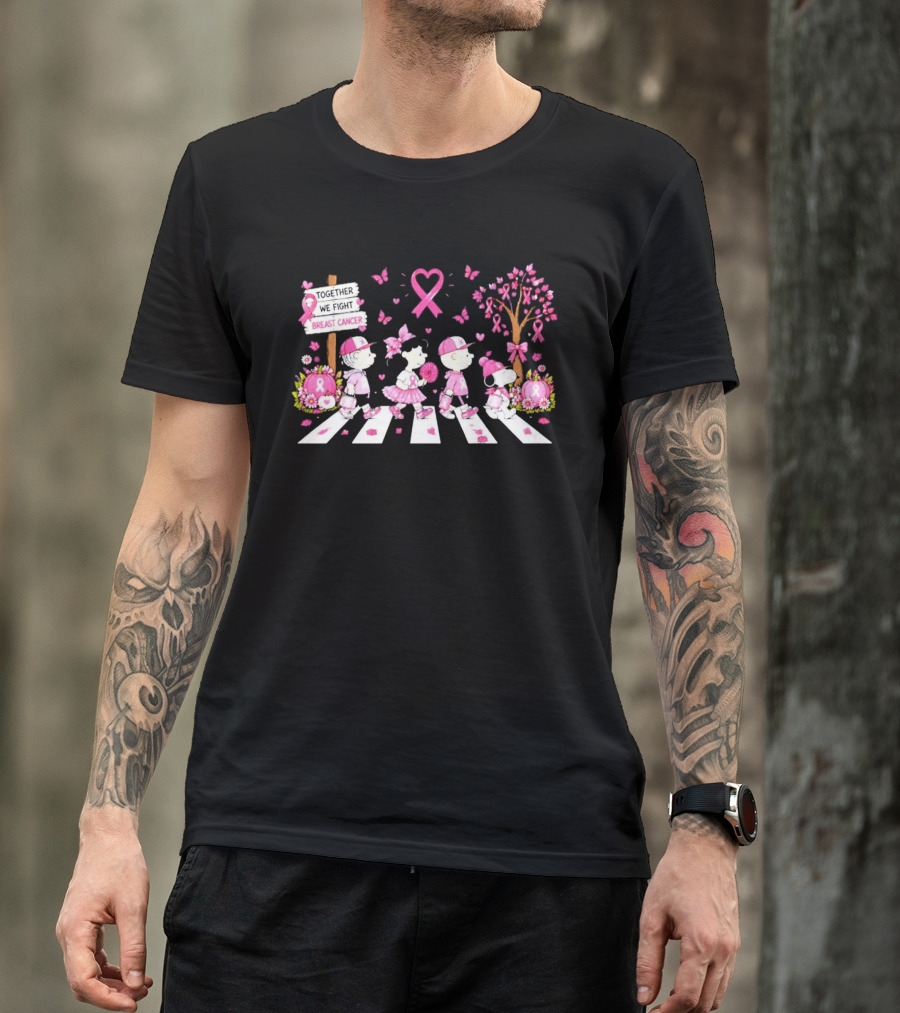 Together We Fight Breast Cancer Peanuts Characters Abbey Road Pink Ribbon Butterflies T-Shirt