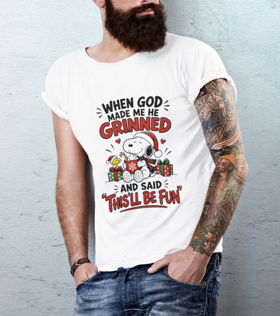 When God Made Me He Grinned Snoopy Christmas Festive Fun 2026 T-Shirt