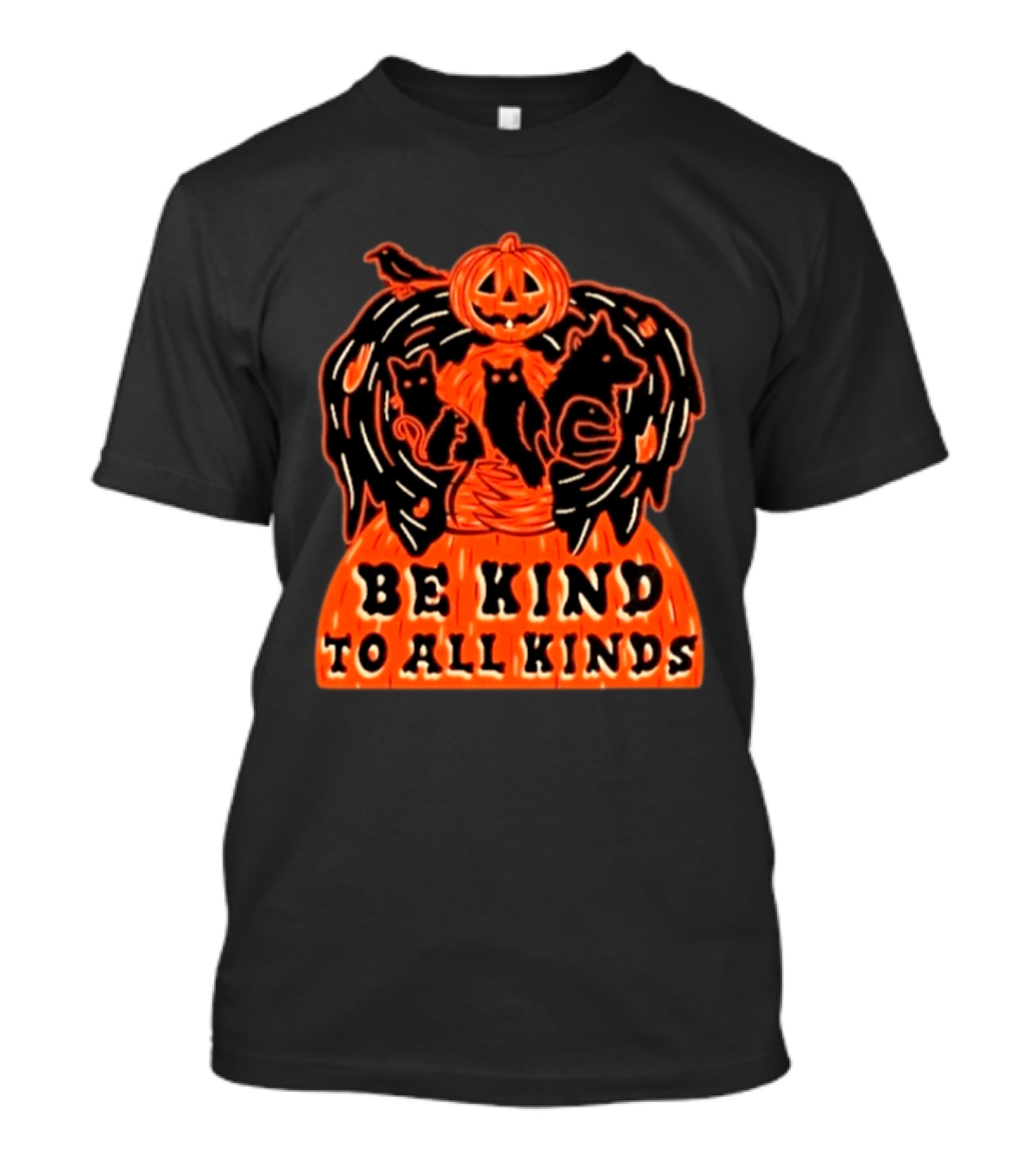 Be Kind To All Kinds Halloween 2026 Pumpkin Animals With Cats And Crow T-Shirt