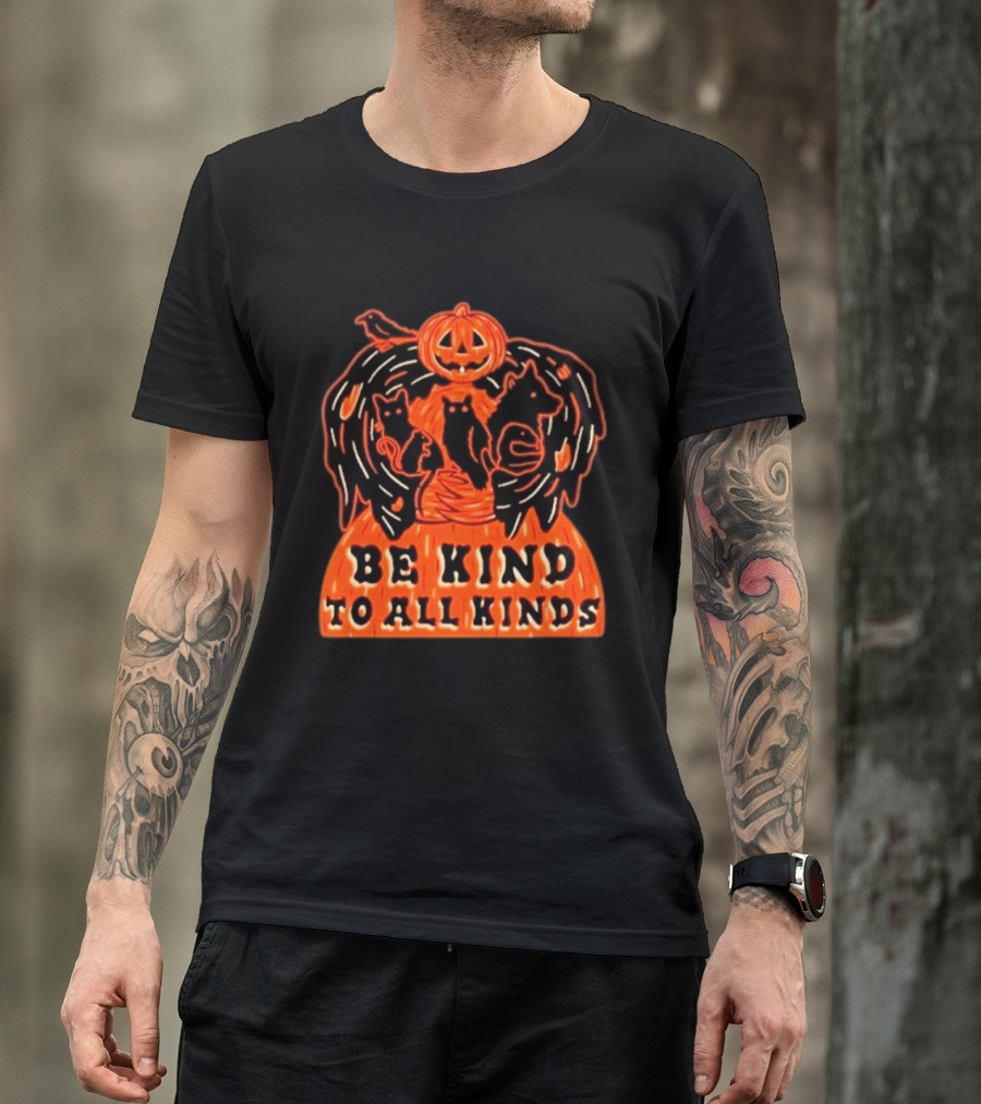 Be Kind To All Kinds Halloween 2026 Pumpkin Animals With Cats And Crow T-Shirt