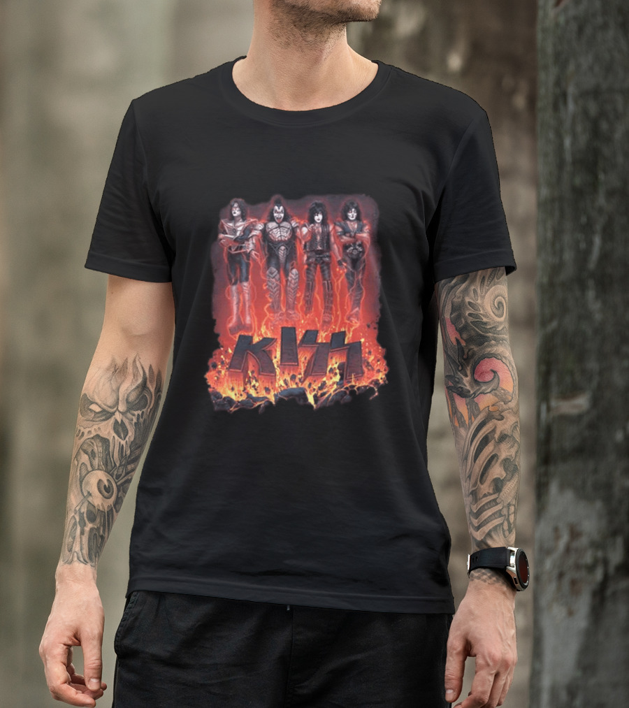 Kiss Halloween 2026 Conjuring Flames Band Members Standing Above Fire T-Shirt