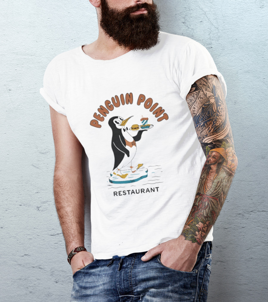 Penguin Point Restaurant Mascot Penguin With Bow Tie And Meal T-Shirt