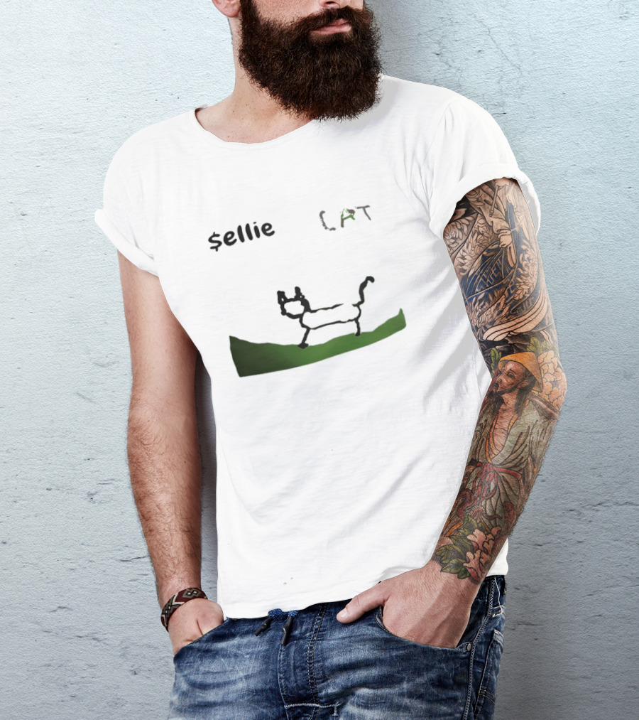 $sellie CAT Drawing Sketch With Green Ground T-Shirt