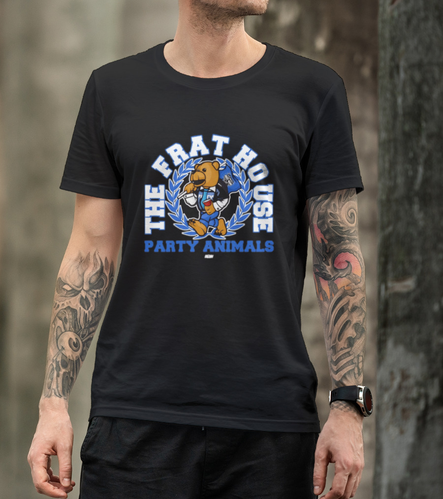The Frat House Party Animals Beer Bear Drinking In Blue College Jacket T-Shirt