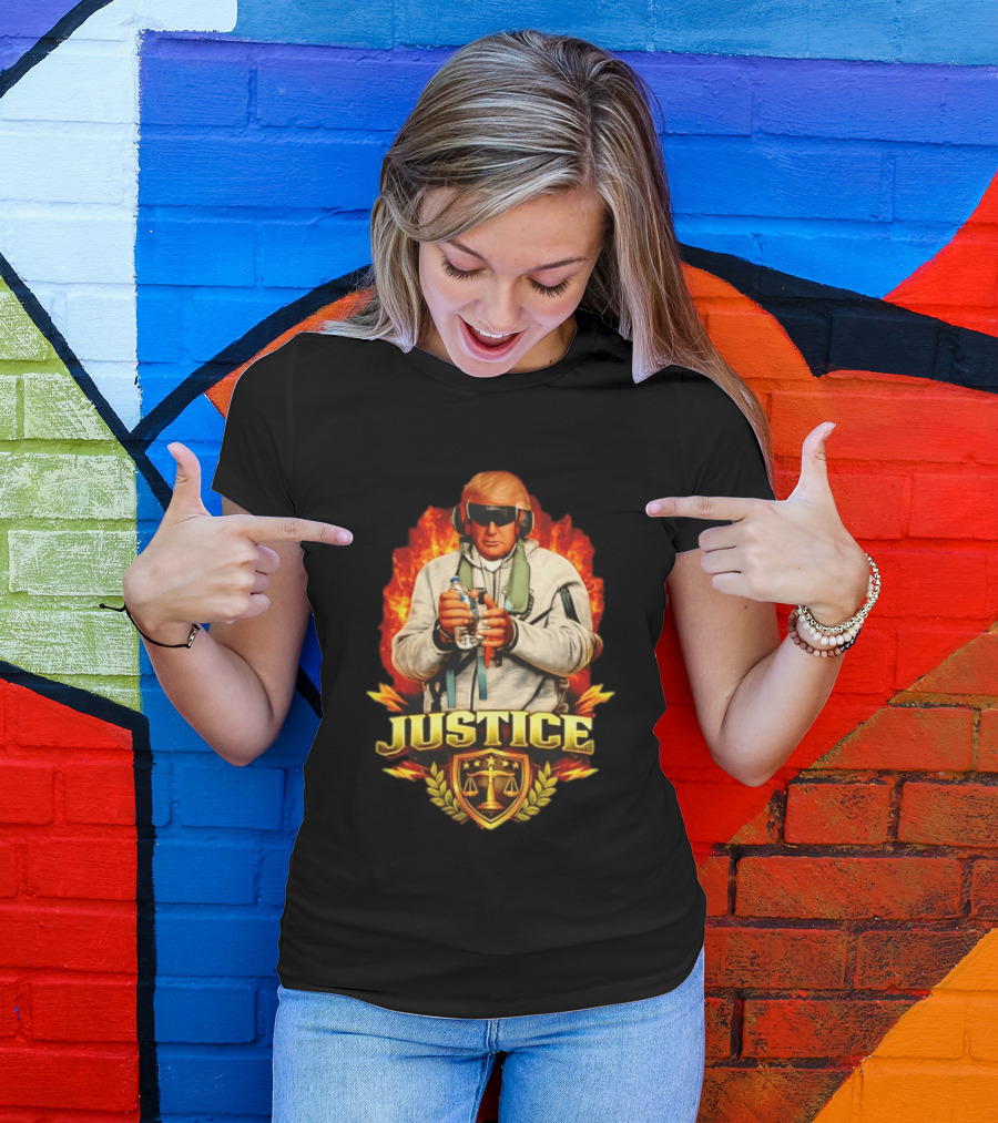 Justice Trump Flaming Background Holding Water Scales Of Justice T-Shirt