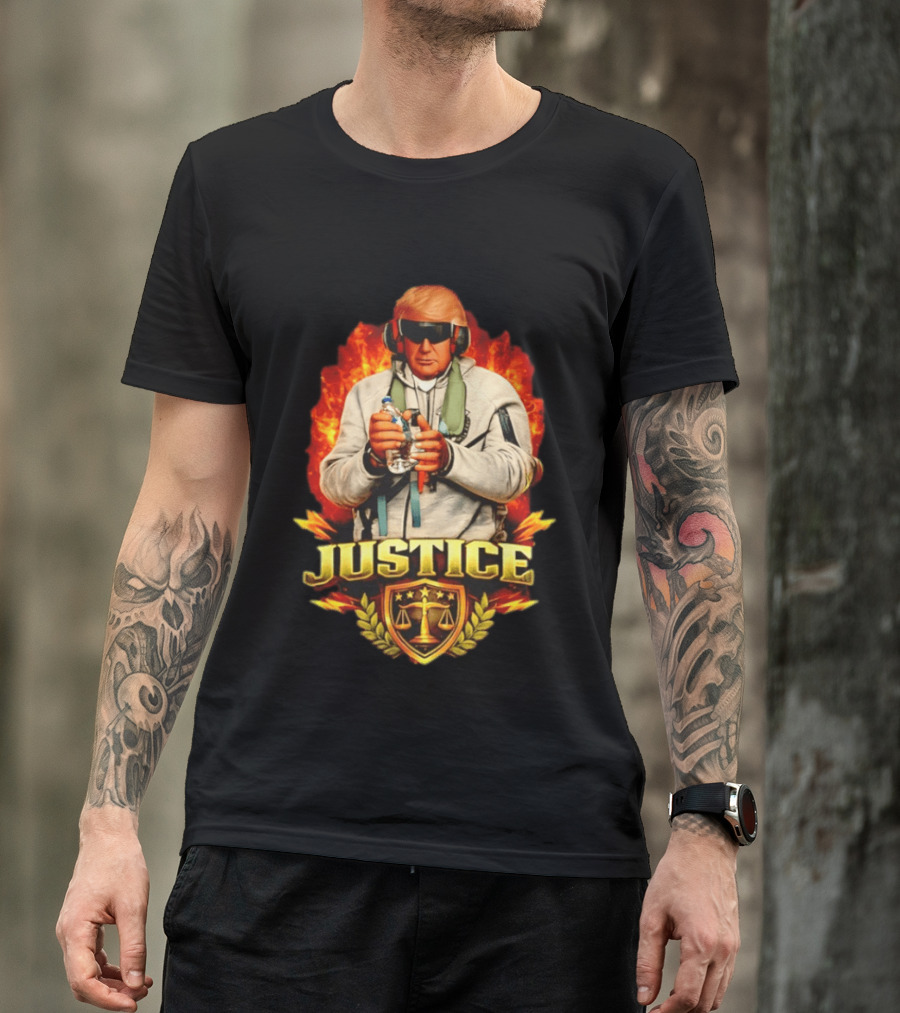 Justice Trump Flaming Background Holding Water Scales Of Justice T-Shirt