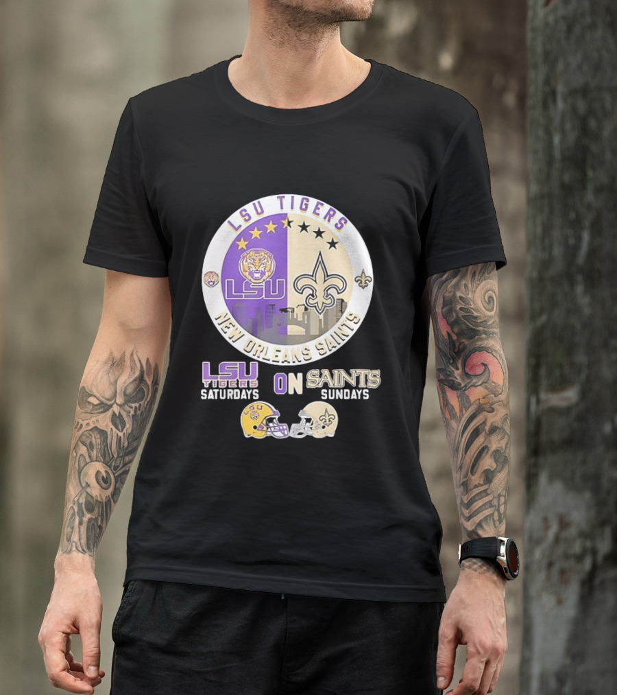 LSU Tigers Saturdays New Orleans Saints Sundays Mashup Helmet T-Shirt