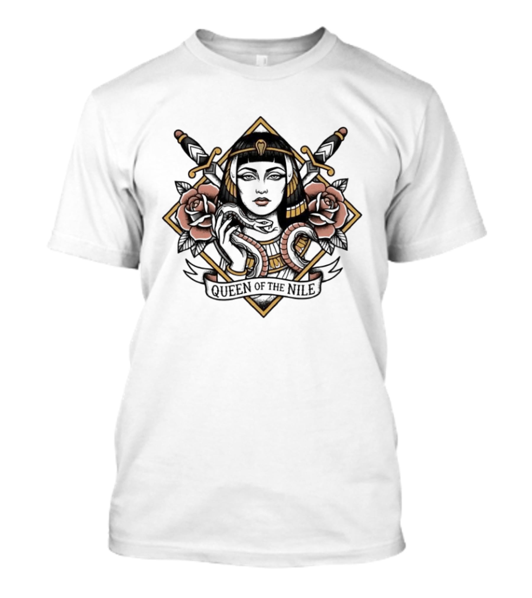 Queen Of The Nile Cleopatra Egyptian Iconic Imagery With Swords And Flowers T-Shirt