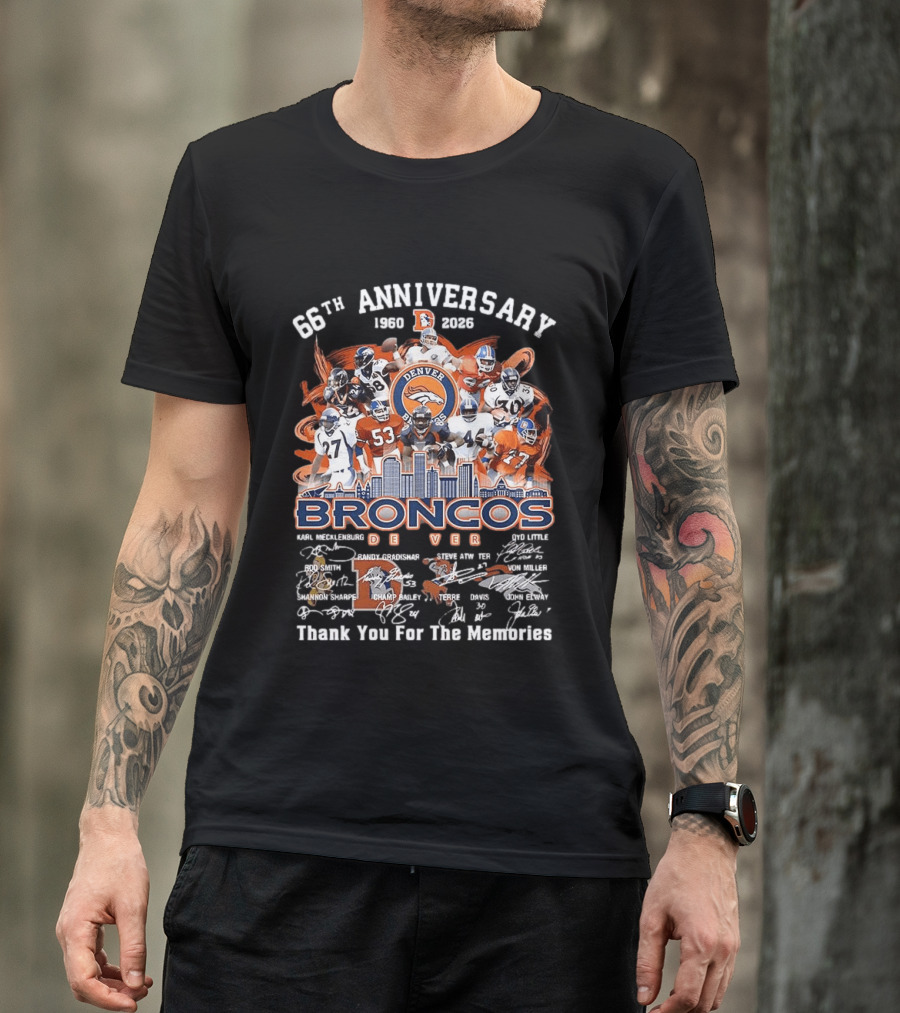 Denver Broncos 66th Anniversary 1959 2023 Thank You For The Memories Skyline Players T-Shirt
