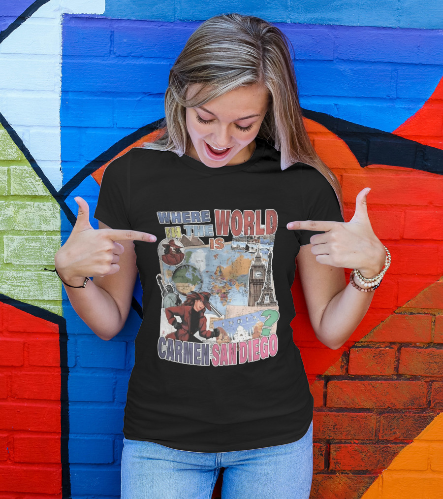 Where In The World Is Carmen Sandiego Map And Landmarks Collage T-Shirt