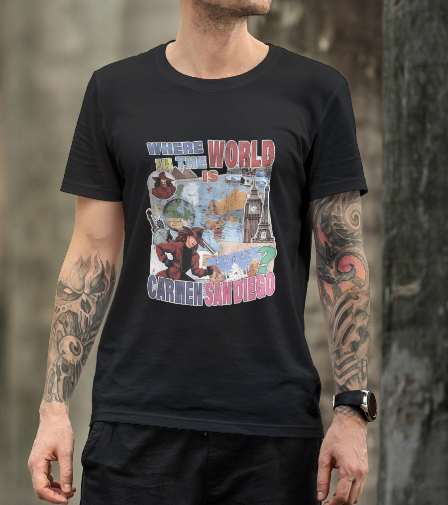 Where In The World Is Carmen Sandiego Map And Landmarks Collage T-Shirt