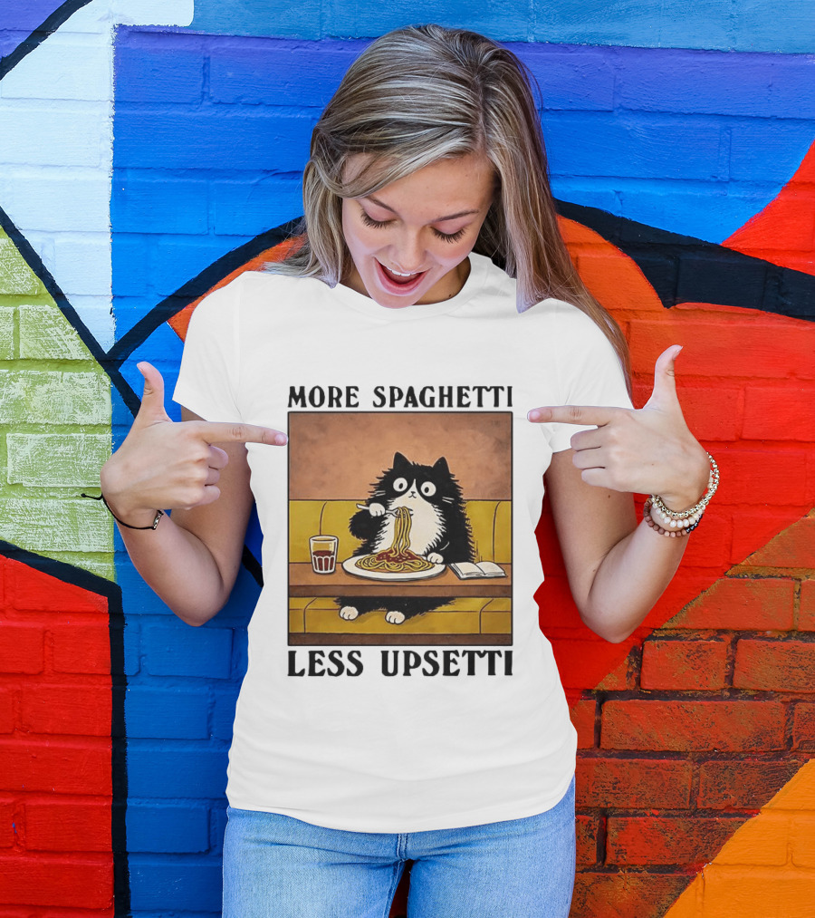 More Spaghetti Less Upsetti Black Cat Eating Italian Food With Drink T-Shirt
