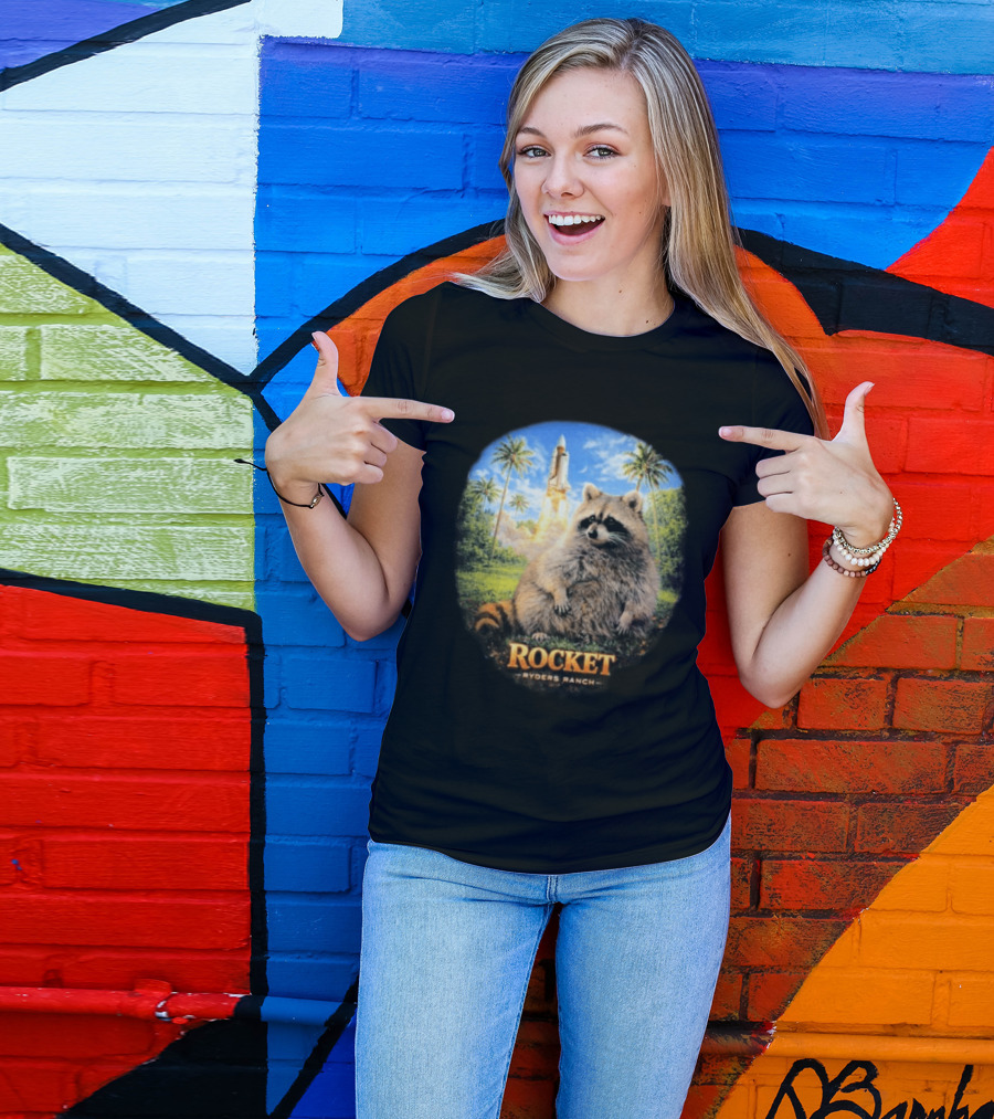 Rocket Raccoon Space Launch Tylernolantattoos Ryders Ranch T-Shirt