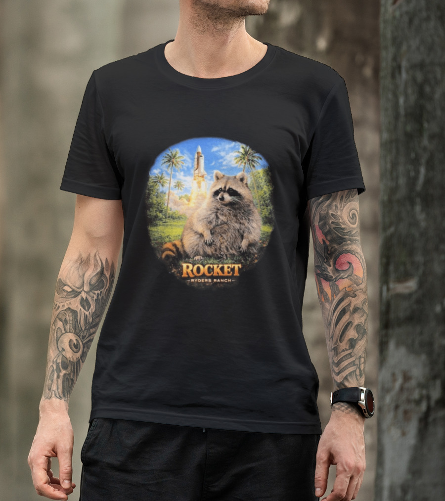 Rocket Raccoon Space Launch Tylernolantattoos Ryders Ranch T-Shirt