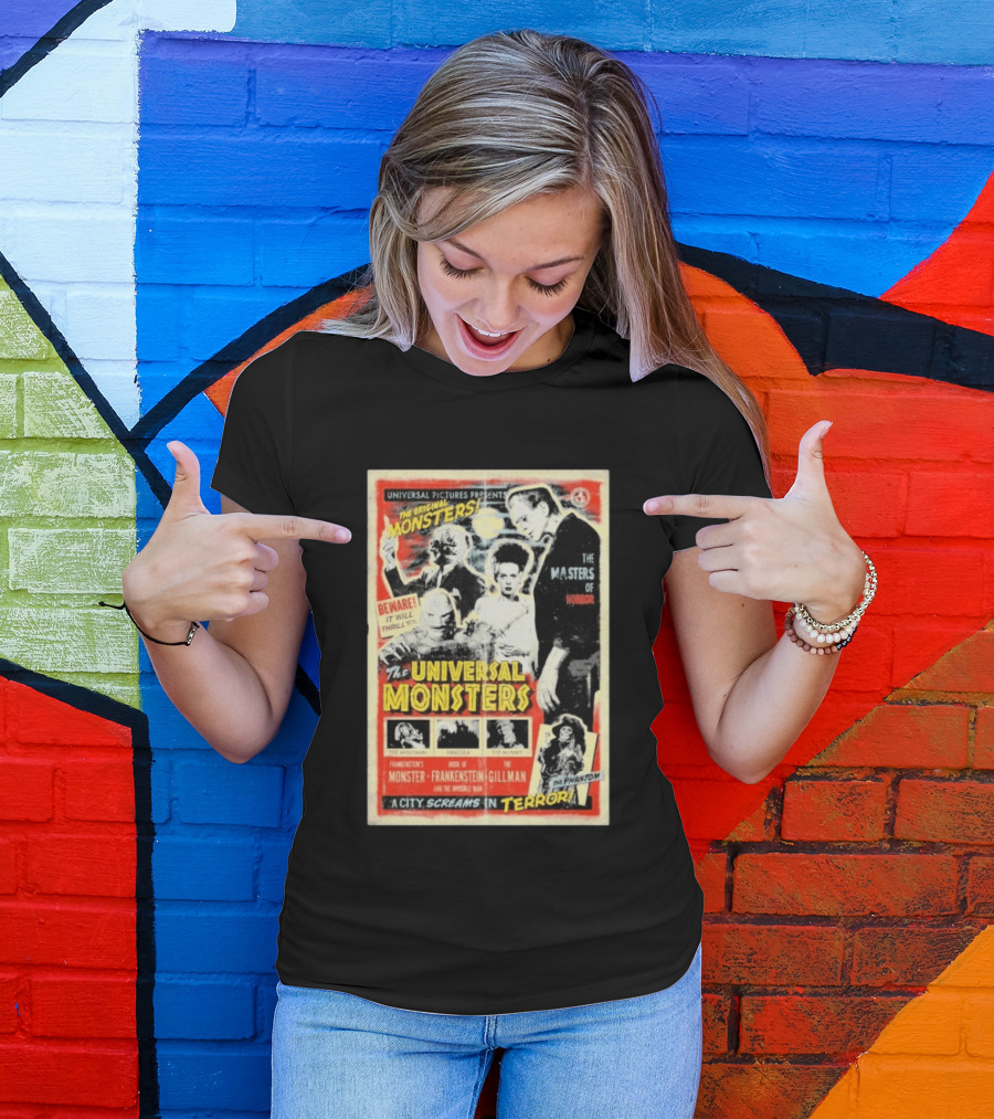 Universal Pictures Presents Original Monsters Be Thrilled By Dracula Frankenstein Gillman Phantom Masters Of Horror Terror T-Shirt