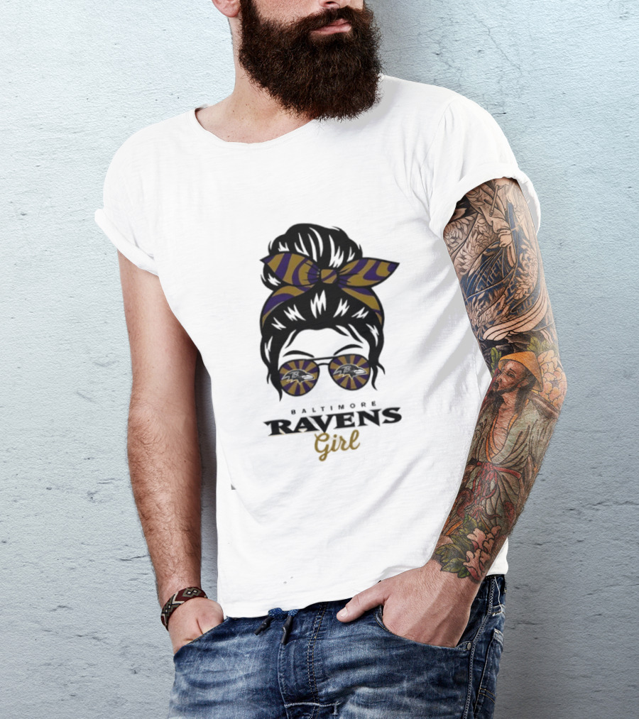 Baltimore Ravens Girl Messy Bun Glasses Bow Fan Gear T-Shirt