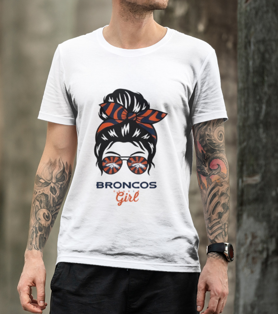 Broncos Girl Messy Bun Glasses And Bow T-Shirt