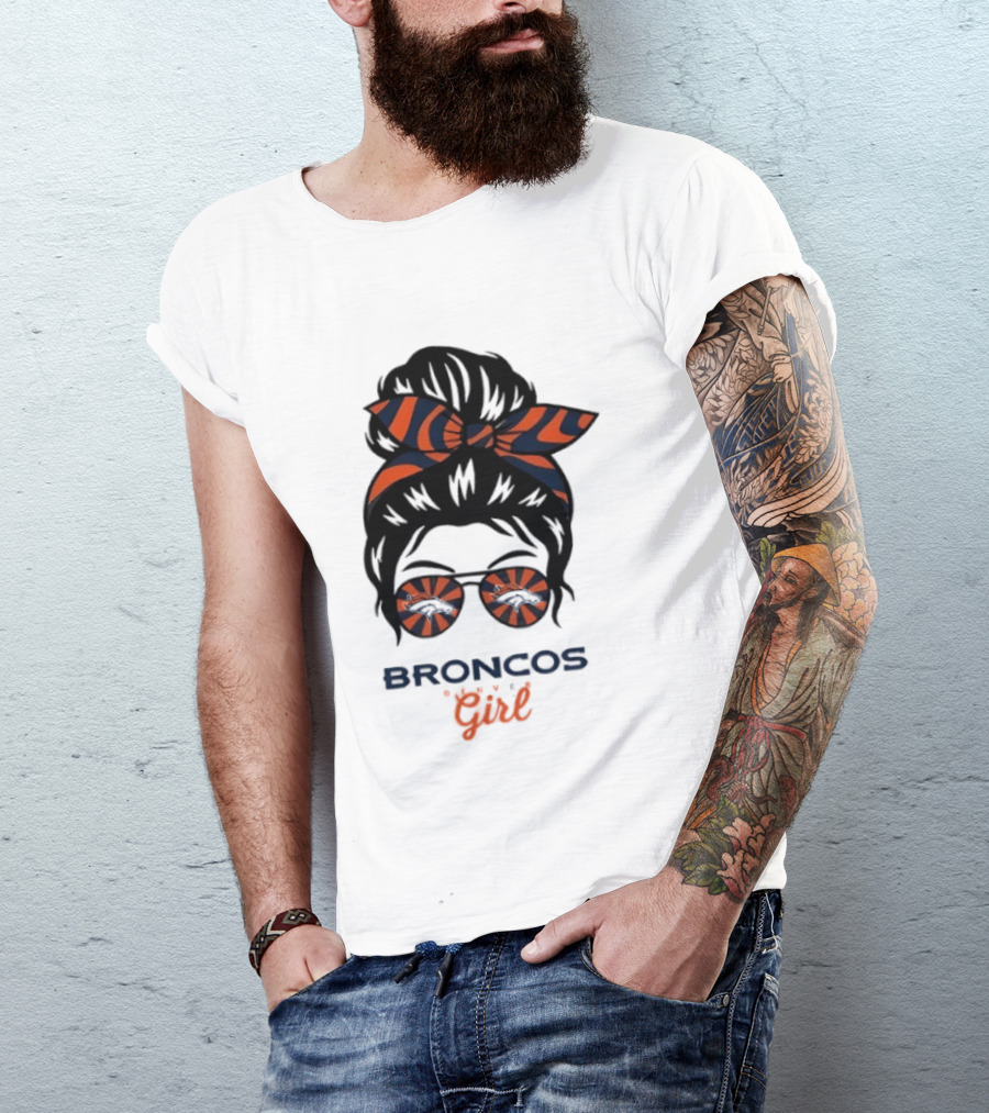 Broncos Girl Messy Bun Glasses And Bow T-Shirt