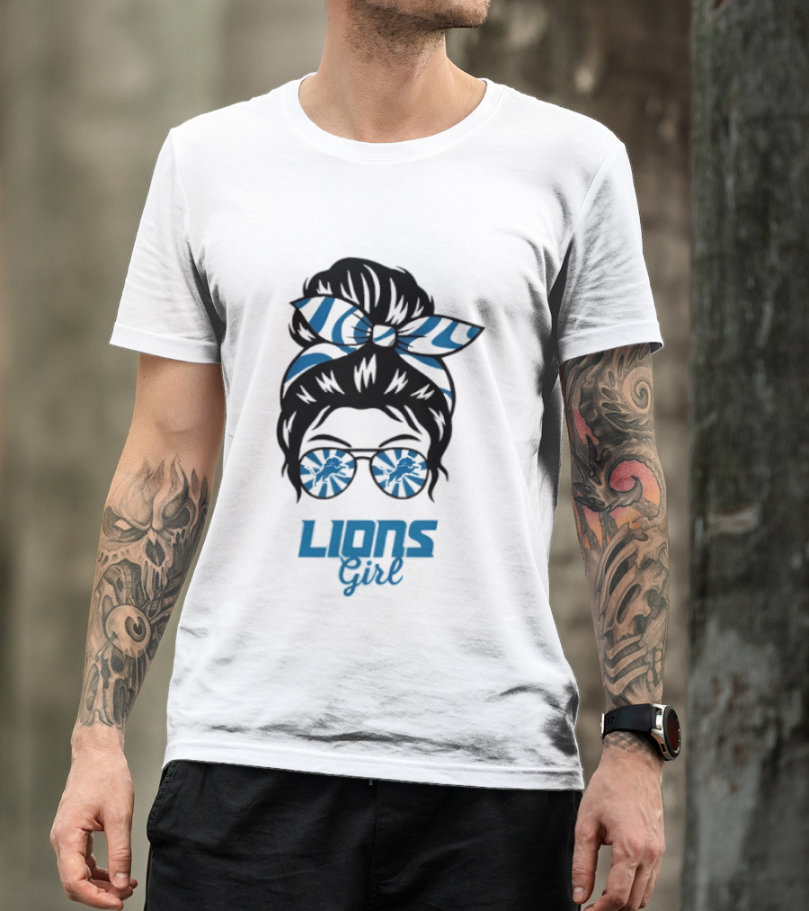 Detroit Lions Girl Glasses Messy Bun T-Shirt