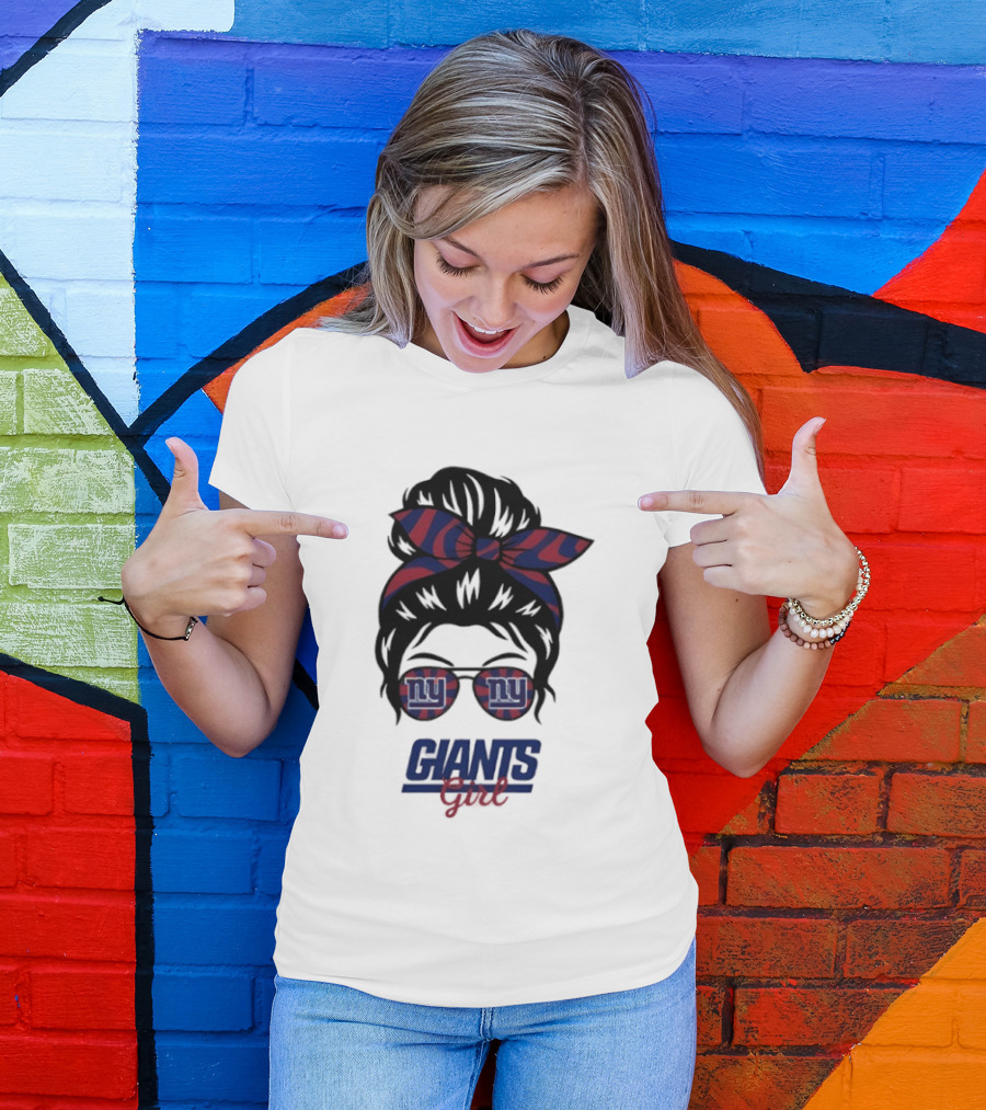 New York Giants Girl Messy Bun Glasses Bow T-Shirt