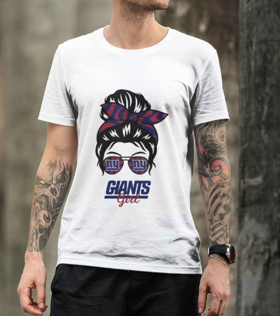 New York Giants Girl Messy Bun Glasses Bow T-Shirt