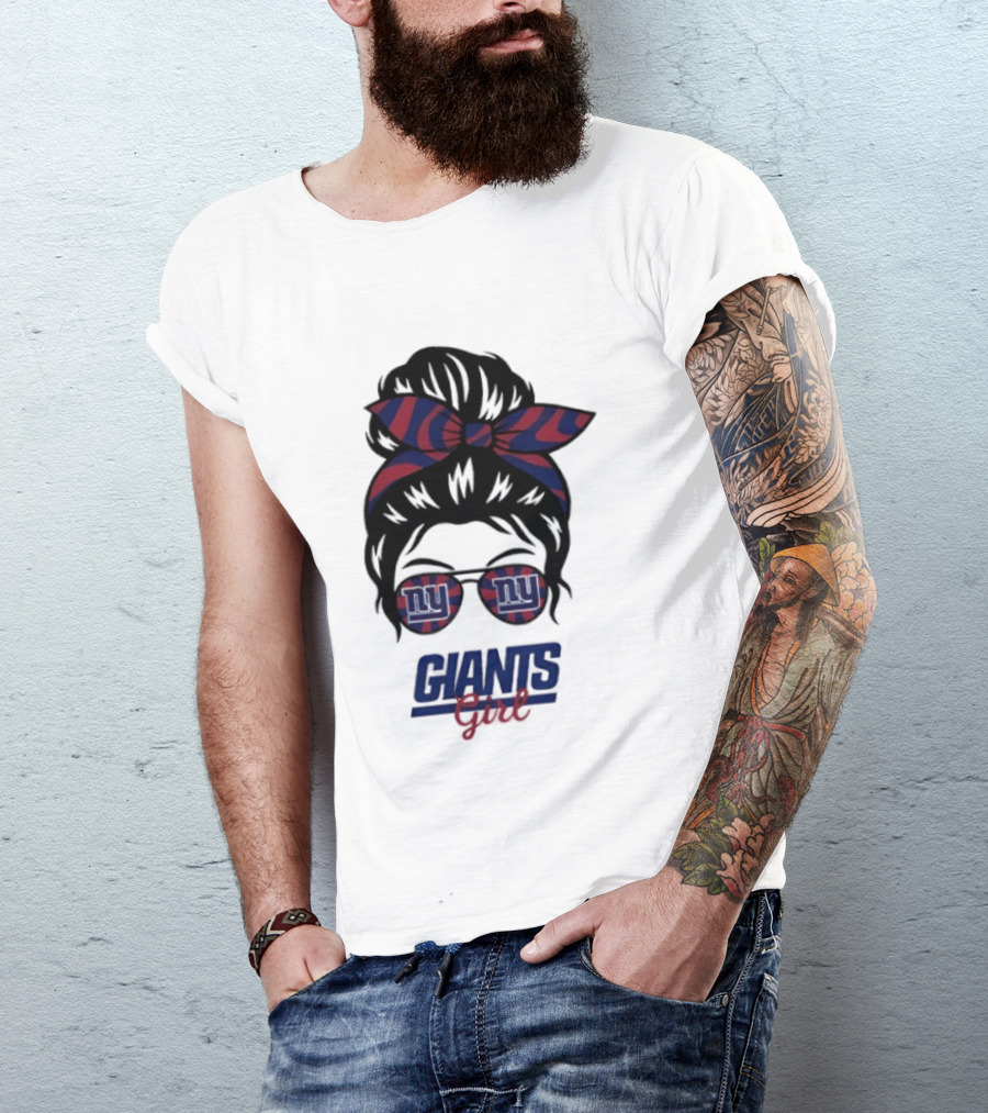 New York Giants Girl Messy Bun Glasses Bow T-Shirt
