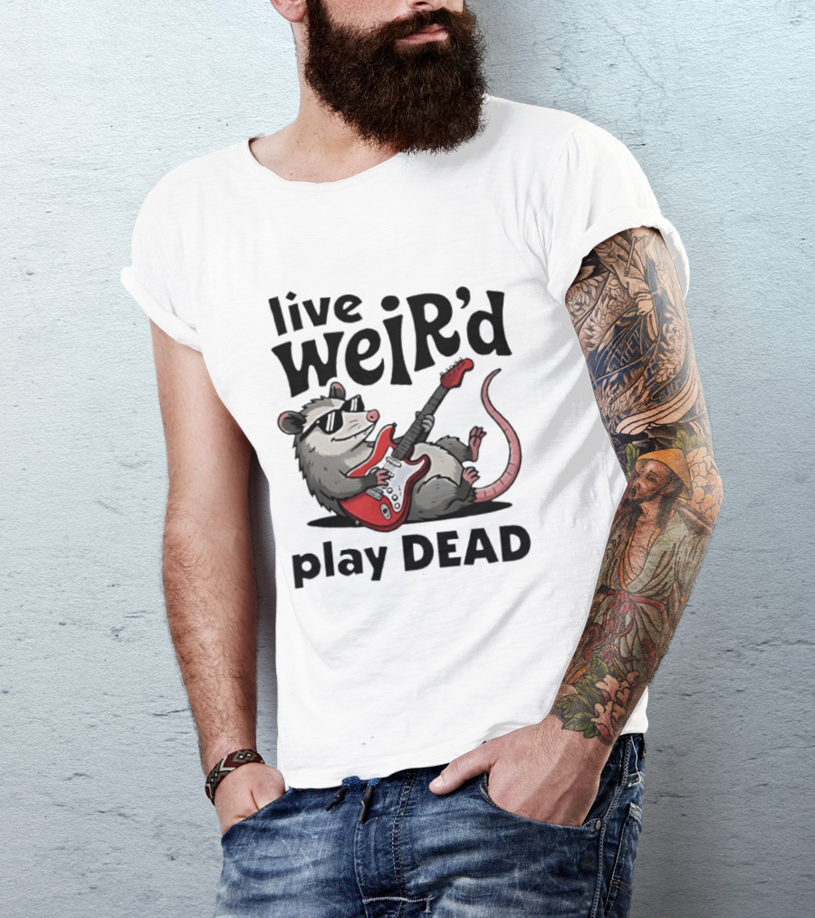 Live Weird Play Dead Opossum Electric Guitar T-Shirt