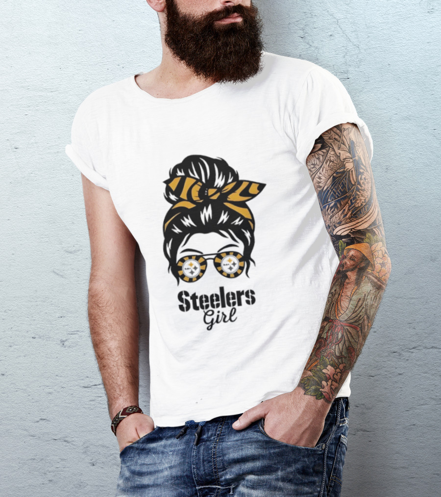 Pittsburgh Steelers Girl Messy Bun Glasses Black Gold Fan T-Shirt