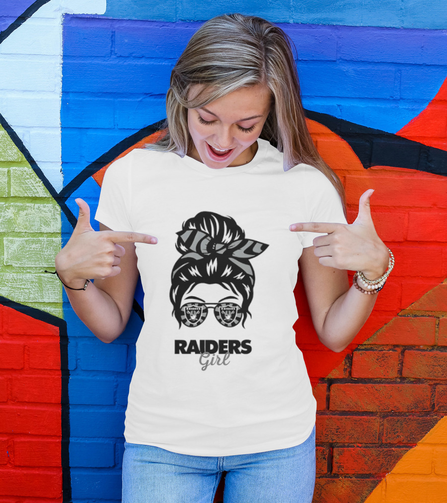 Raiders Girl Messy Bun Sunglasses Fan T-Shirt