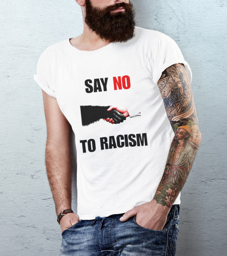 Say No To Racism Bigfoot Human Handshake Equality Message T-Shirt