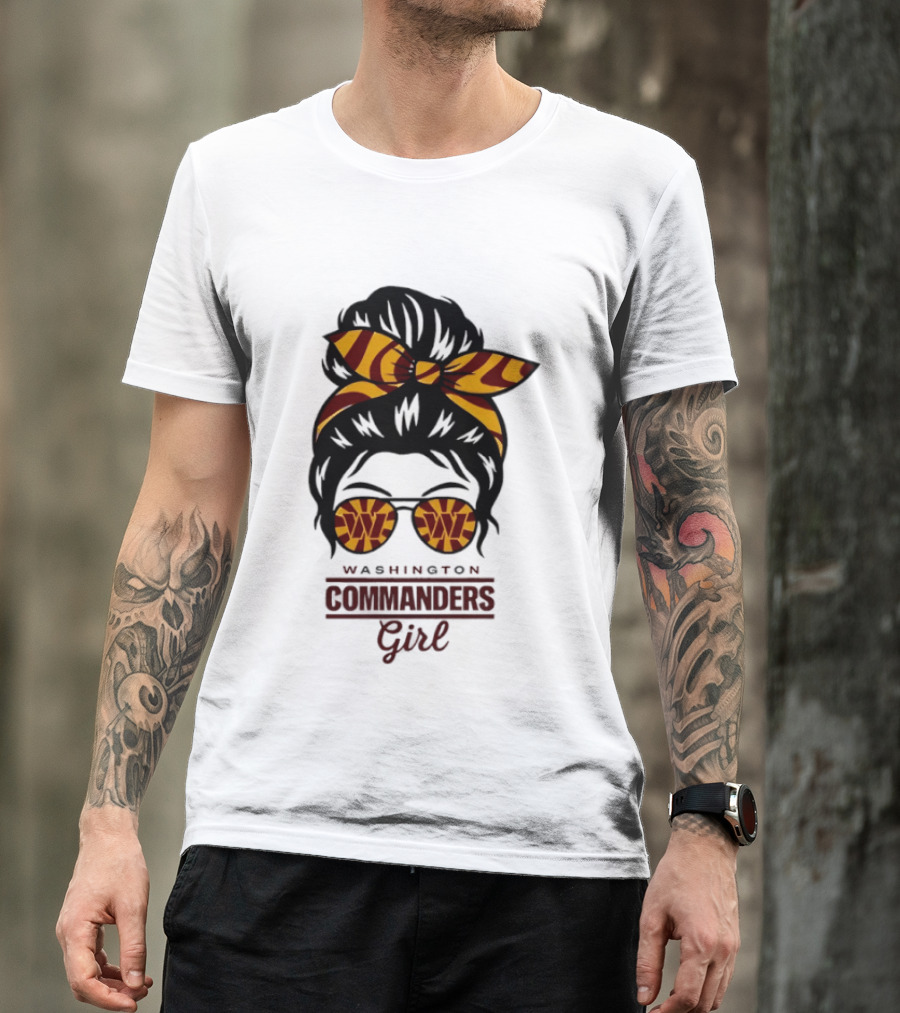 Washington Commanders Girl Messy Bun Glasses Football Fan T-Shirt
