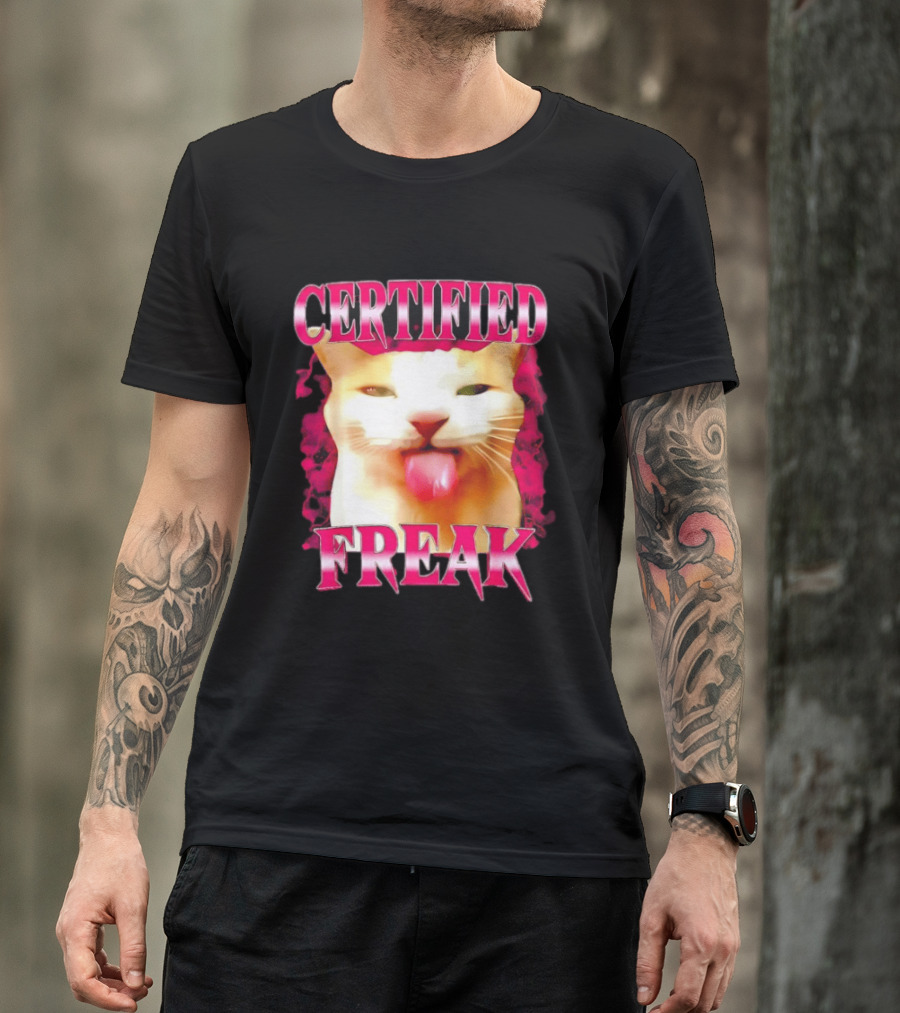 Certified Freak Cat Tongue Out Pink Edge T-Shirt
