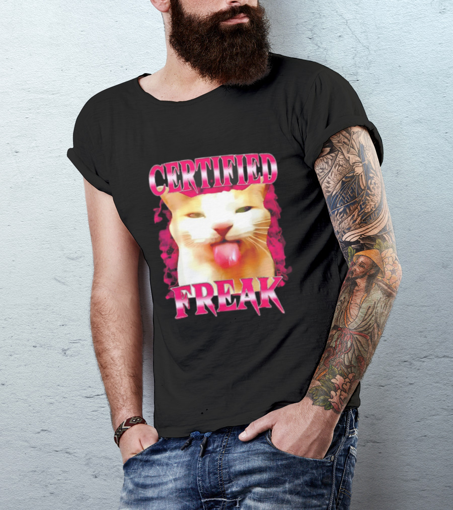 Certified Freak Cat Tongue Out Pink Edge T-Shirt