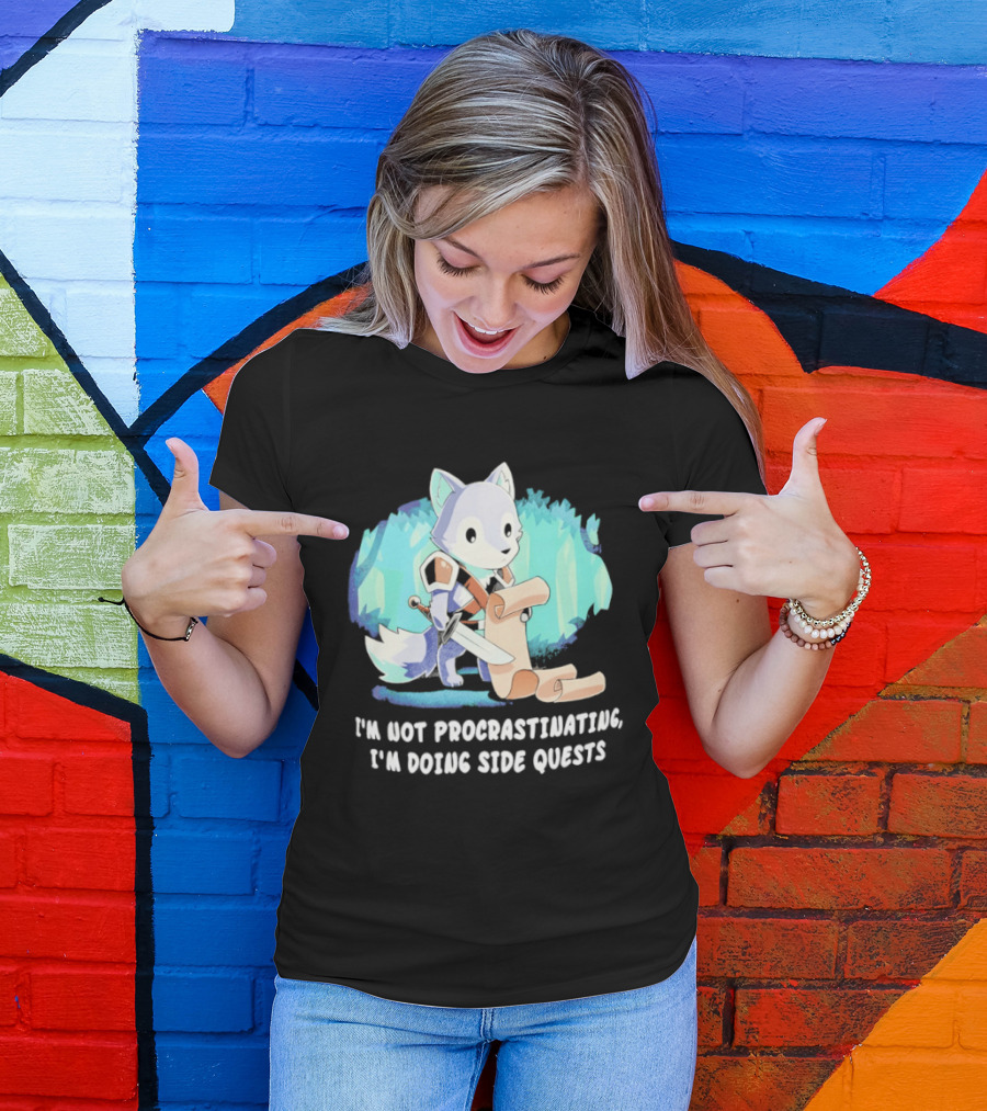 I'm Not Procrastinating I'm Doing Side Quests Cute Fantasy Wolf Cartoon T-Shirt