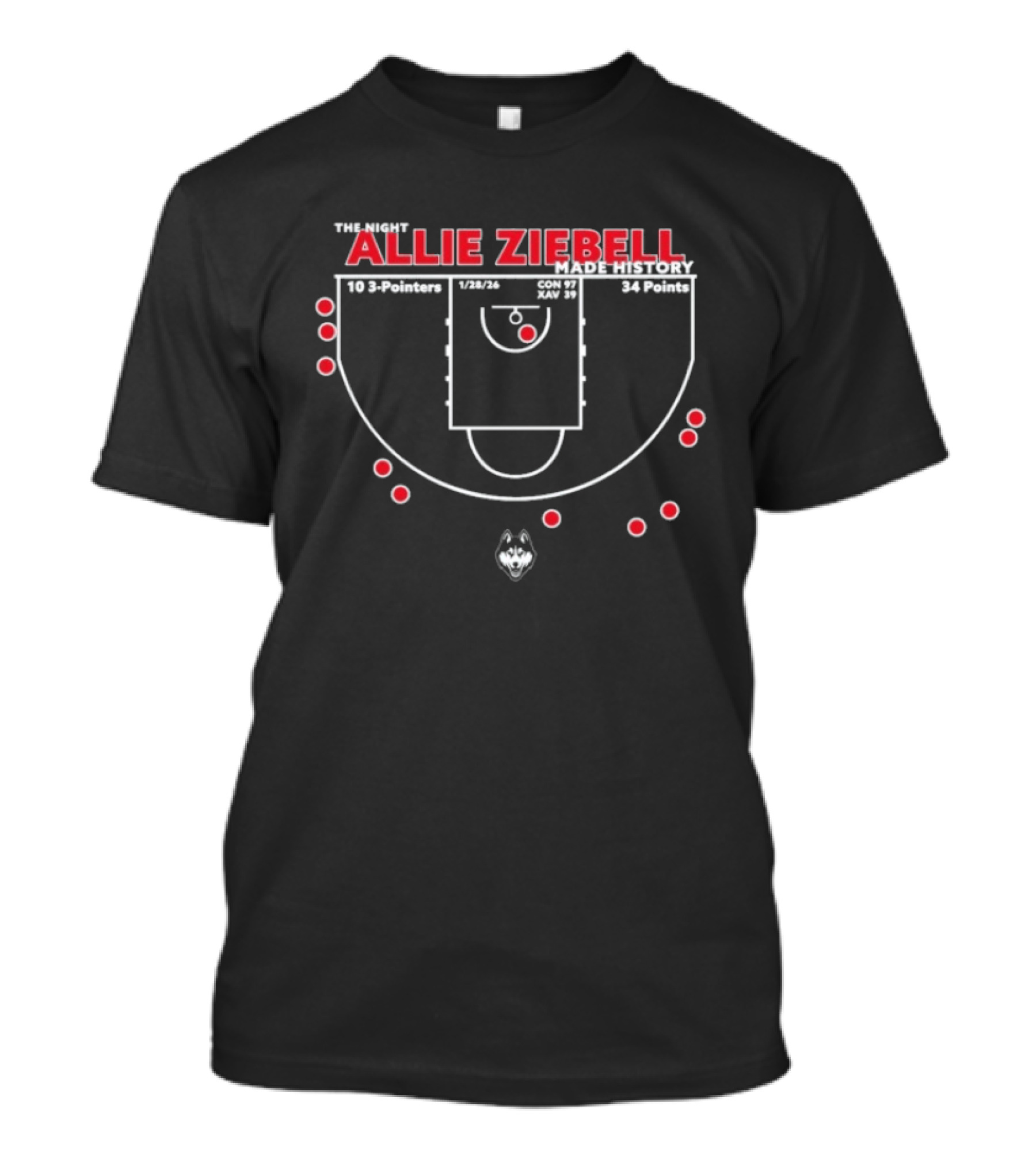 Allie Ziebell Shot Chart UConn Huskies Three Pointers Basketball Court Layout T-Shirt