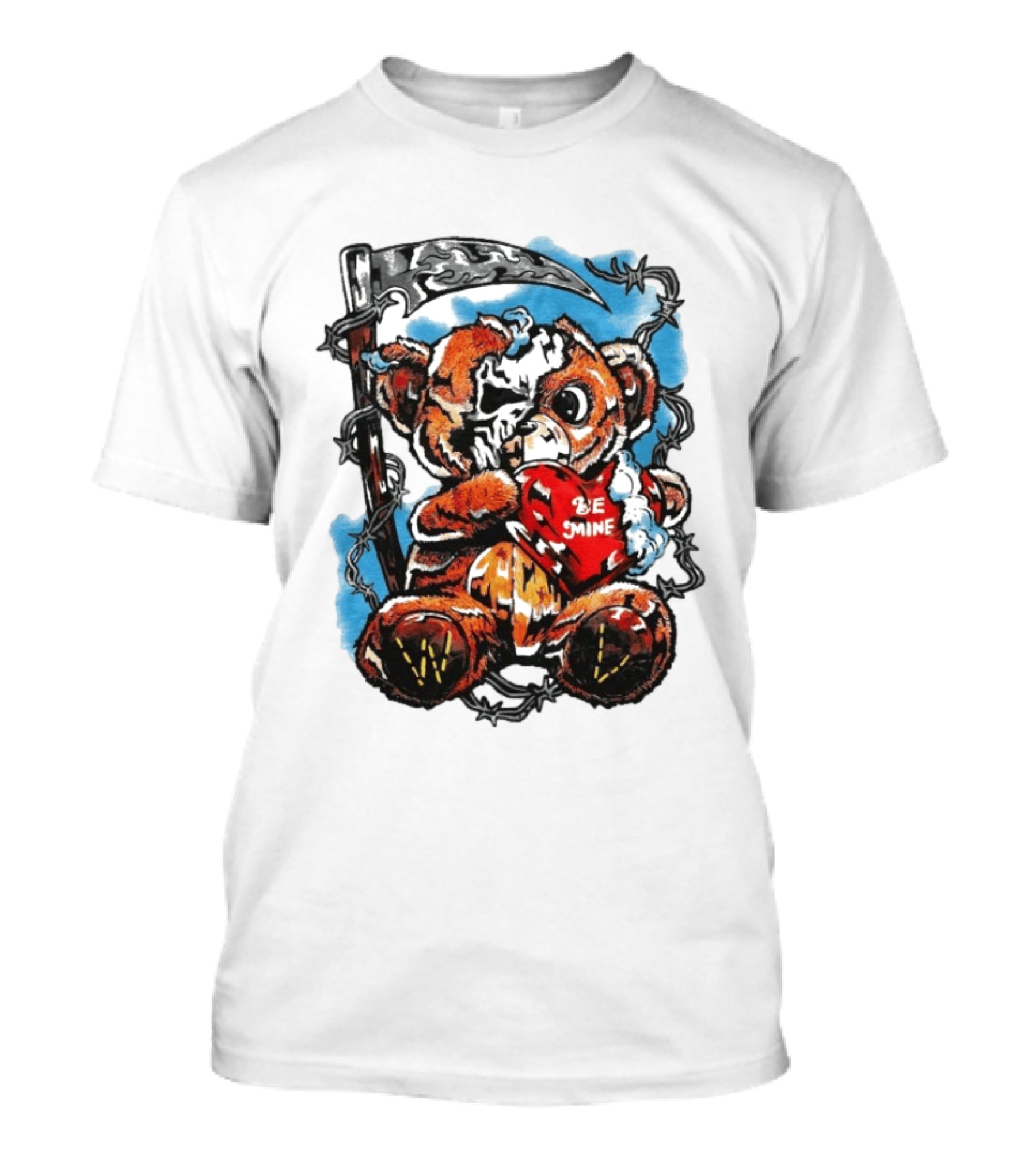 Warren Lotas Be Mine Teddy Grim Reaper Barbed Wire Valentine Scythe T-Shirt