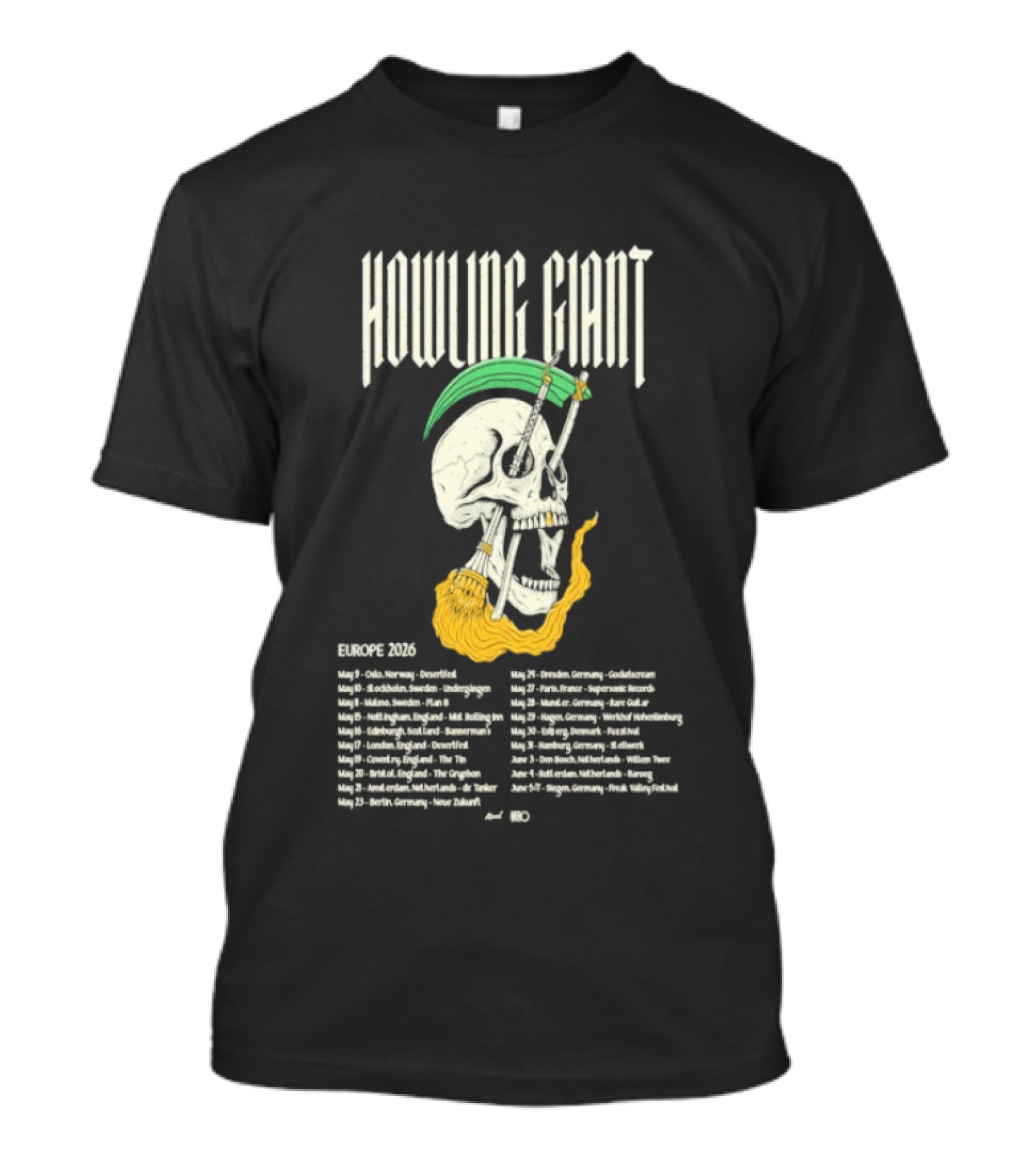 Howling Giant Europe 2026 Tour Dates Skull Skeleton Orion Sun Club Dates T-Shirt