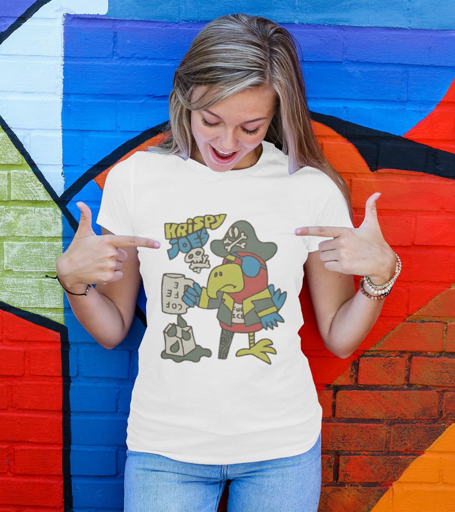 Krispy Joe's Pirate Parrot Coffee Spill Cartoon T-Shirt