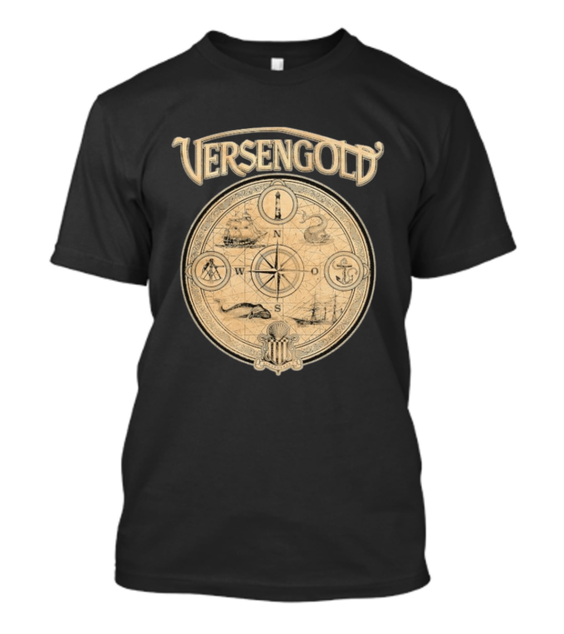 Versengold Nautical Compass Map With Ship Whale Anchor Lighthouse Chart T-Shirt